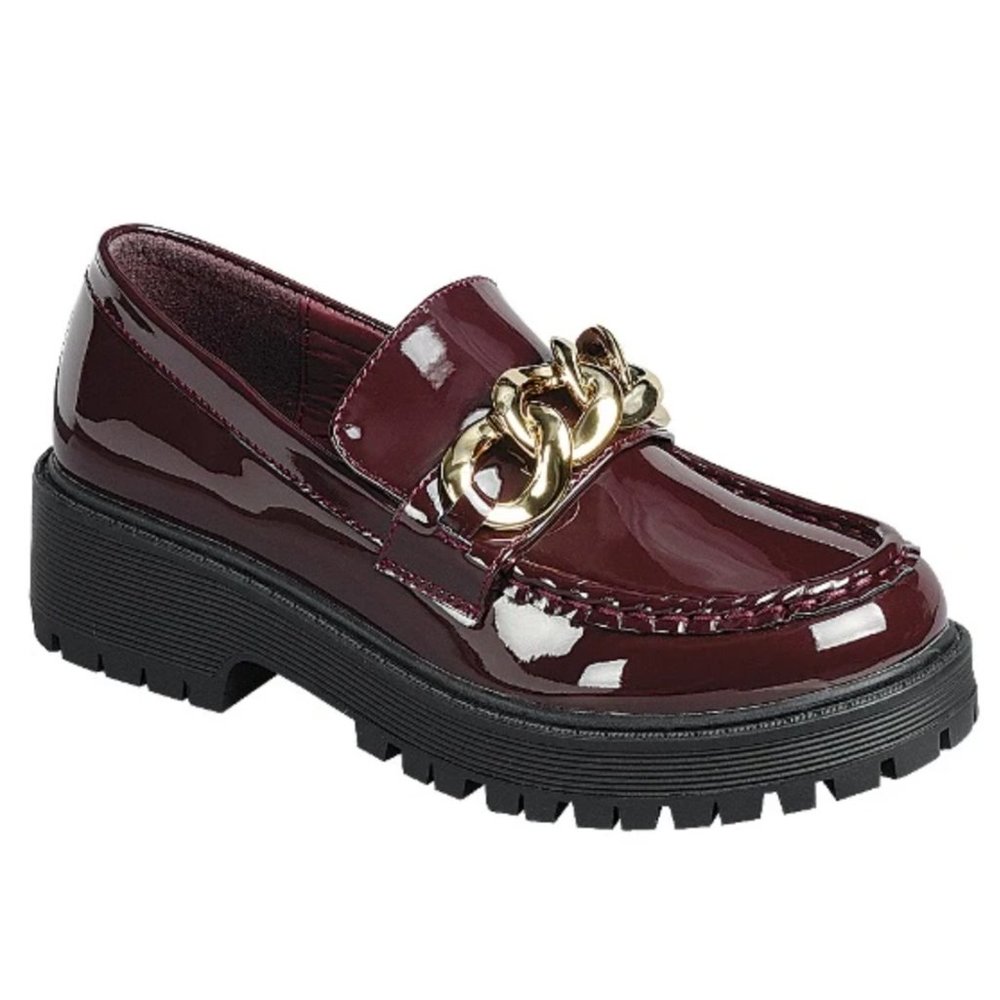 New Wide Wine Patent Gold Chain Slip On Platform Penny Loafers